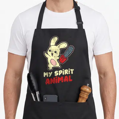 Tablier de cuisine noir avec lapin jaune tenant une tronçonneuse rouge et le texte My Spirit Animal