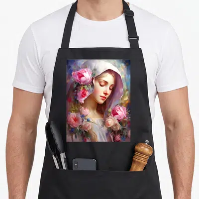 Tablier de cuisine noir avec illustration de la Vierge Marie aux roses roses et voile lilas.
