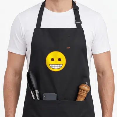 Tablier de cuisine noir avec un grand Émoticône Jaune Sourire Visage Sourire Faisceau au centre.
