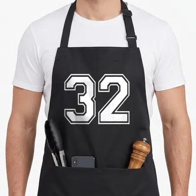 Tablier de cuisine noir avec le grand chiffre 32 blanc et gris imitant un maillot d'équipe.