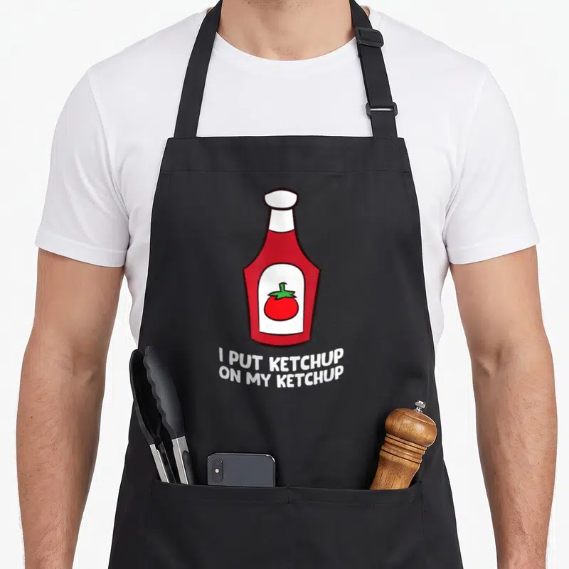 Tablier de cuisine noir avec illustration d'une bouteille de ketchup rouge et texte blanc en anglais.