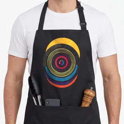 Tablier de cuisine noir avec motif circulaire abstrait aux anneaux gris jaune et couleurs vives.