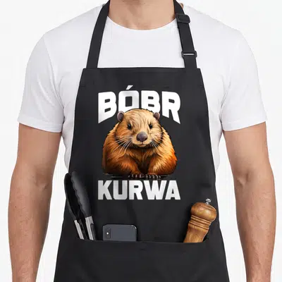 Tablier de cuisine noir avec illustration de castor et texte bóbr kurwa en blanc.