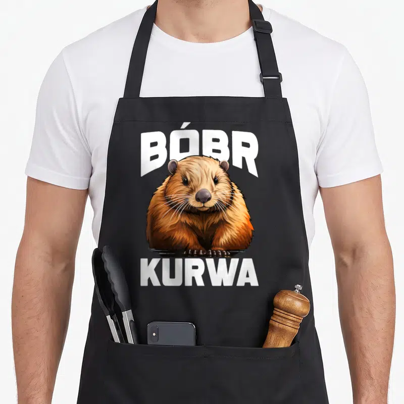 Tablier de cuisine noir avec illustration de castor et texte bóbr kurwa en blanc.