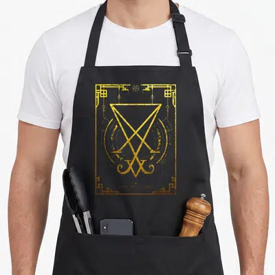 Tablier de cuisine noir avec le Sceau de Lucifer et des symboles mystiques dorés dans un cadre géométrique.