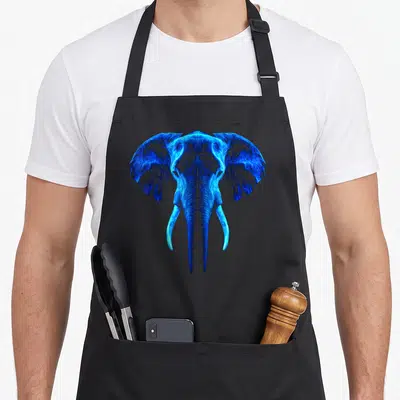 Tablier de cuisine noir avec tête d'éléphant stylisée en lignes géométriques bleues vives.