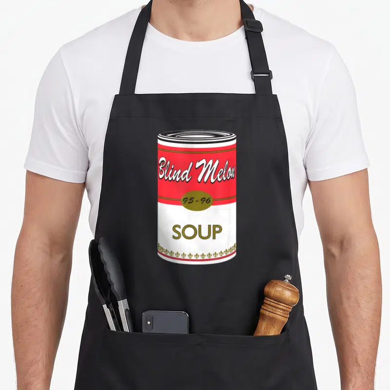 Tablier de cuisine noir avec une illustration de canette rouge et blanche Blind Melon Soup 95-96