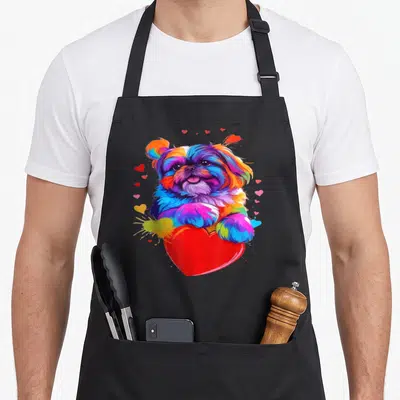 Tablier de cuisine noir avec un Shih Tzu multicolore posant ses pattes sur un cœur rouge entouré de petits cœurs flottants.