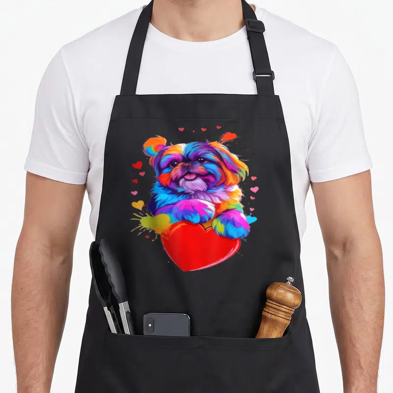 Tablier de cuisine noir avec un Shih Tzu multicolore posant ses pattes sur un cœur rouge entouré de petits cœurs flottants.