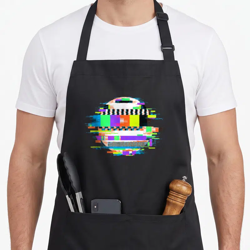 Tablier de cuisine noir avec un écran de télévision glitch trippy aux couleurs vives et aux artefacts numériques.