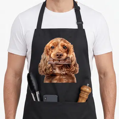Tablier de cuisine noir avec un Cocker Spaniel tenant une barre de chocolat dans sa bouche.