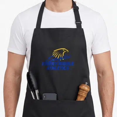 Tablier de cuisine noir avec le logo des Eagles Embry-Riddle Athletics en bleu et jaune doré.