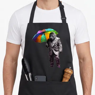 Tablier de cuisine noir avec illustration d'un gorilla en costume tenant un parapluie multicolore