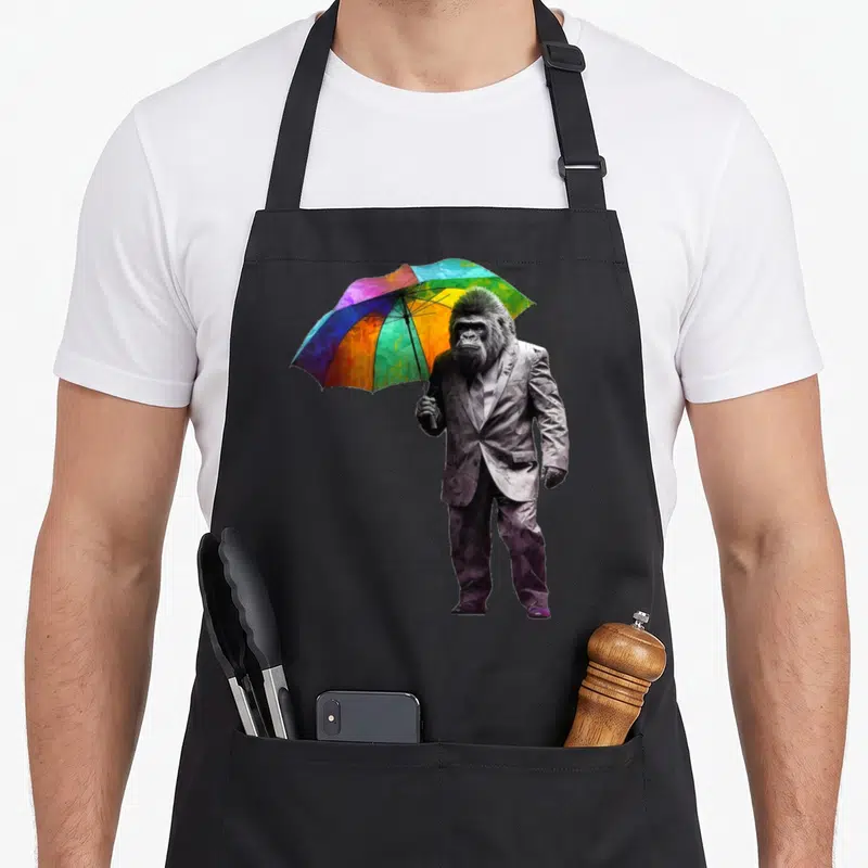 Tablier de cuisine noir avec illustration d'un gorilla en costume tenant un parapluie multicolore