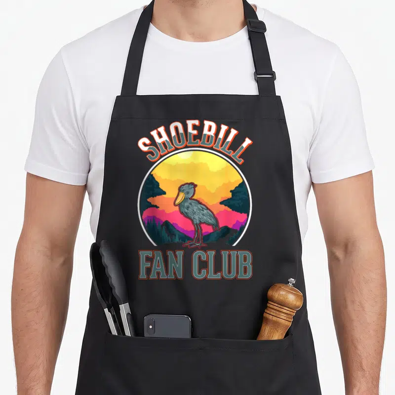 Tablier de cuisine noir avec illustration rétro d'un shoebill devant un ciel coloré et les mots Shoebill Fan Club.