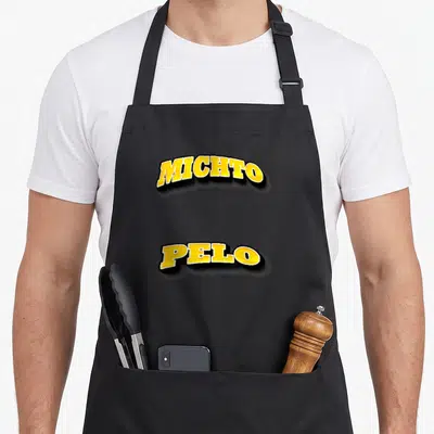 Tablier de cuisine noir avec les mots michto pelo en lettres jaunes arc-en-ciel à effet 3D.
