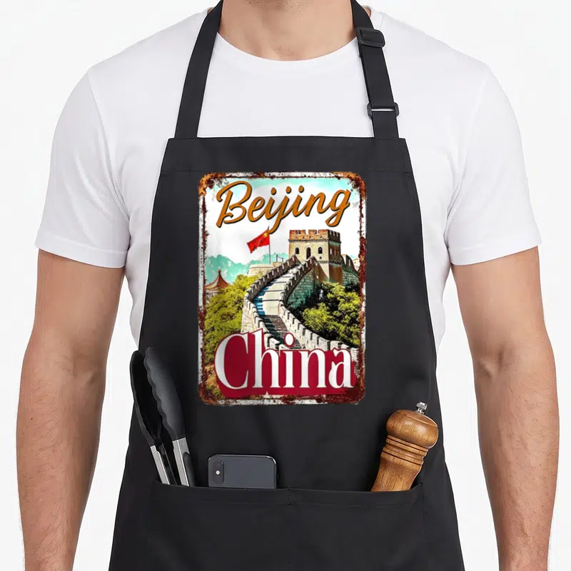 Tablier de cuisine noir avec illustration plaque vintage Beijing China et Grande Muraille.