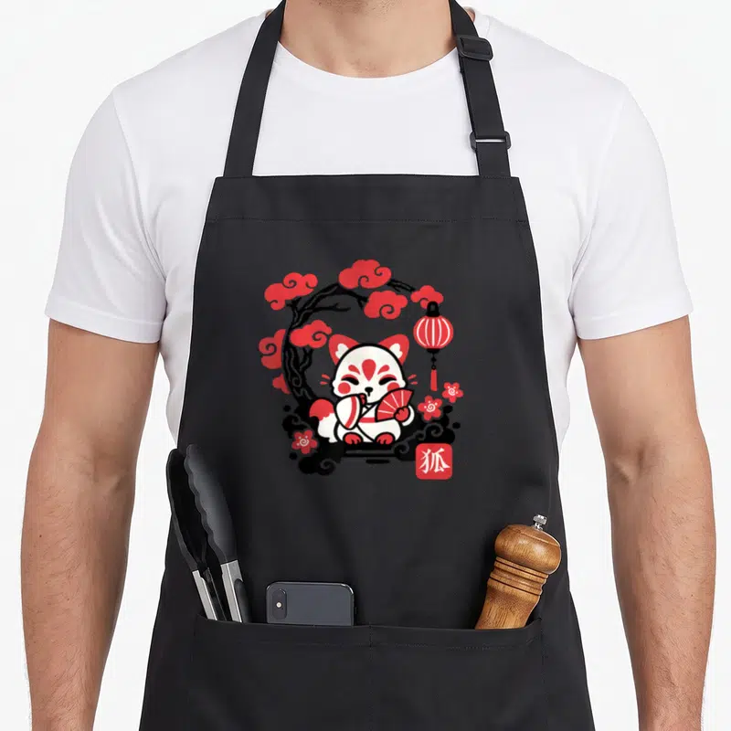 Tablier de cuisine noir avec illustration d'un kitsune Kokeshi blanc, nuages rouges et lanterne japonaise.