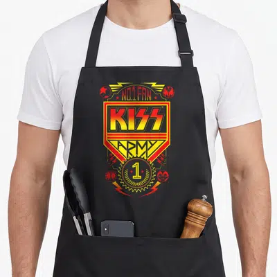 Tablier de cuisine noir avec le logo KISS No.1 Fan Army en rouge et jaune vif.