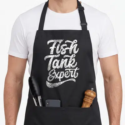 Tablier de cuisine noir avec typographie blanche Fish Tank Expert style vintage et lettering manuscrit.