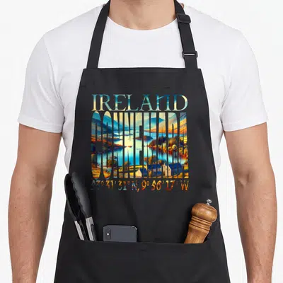 Tablier de cuisine noir avec paysage Connemara et coordonnées géographiques imprimées en bas du motif central.
