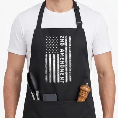 Tablier de cuisine noir avec drapeau américain et texte 2nd amendment imprimé en blanc vertical