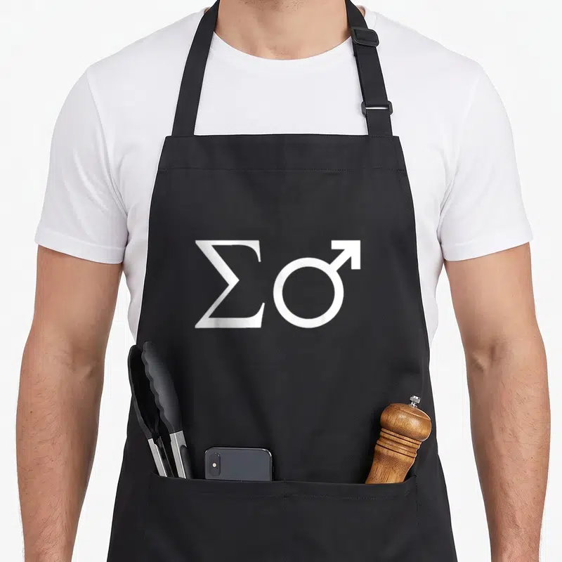 Tablier de cuisine noir avec le symbole Sigma Male imprimé en blanc au centre du torse.
