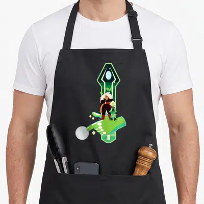 Tablier de cuisine noir avec Peridot et Jasper sur une main verte et un symbole géométrique vert.