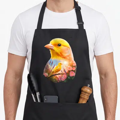 Tablier de cuisine noir avec un canari jaune en multiple exposure entouré de fleurs roses et de lavande.