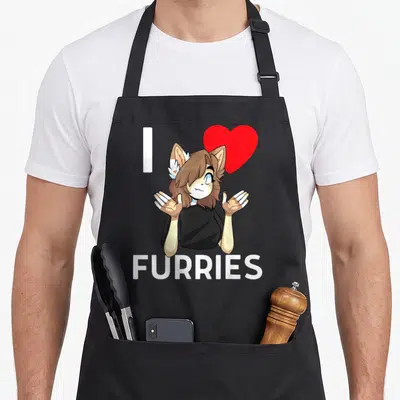 Tablier de cuisine noir avec personnage anthropomorphe aux oreilles de chat et texte I love furries en blanc.