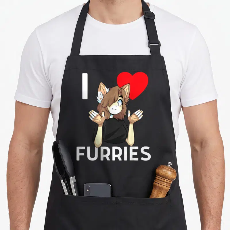 Tablier de cuisine noir avec personnage anthropomorphe aux oreilles de chat et texte I love furries en blanc.