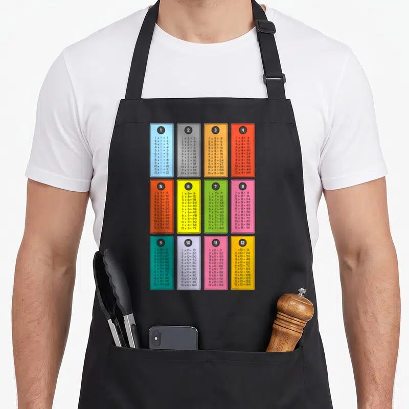 Tablier de cuisine noir avec les tables de multiplication de 1 à 12 imprimées sur des rectangles colorés.