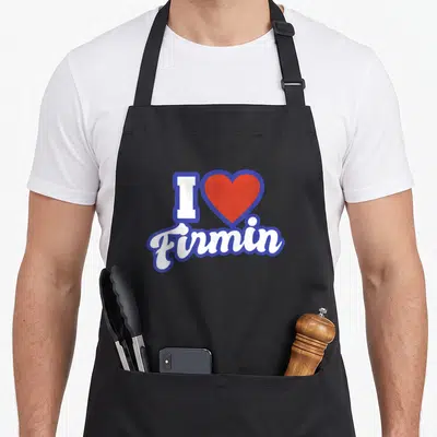 Tablier de cuisine noir avec inscription I cœur rouge Firmin en blanc et bleu vif