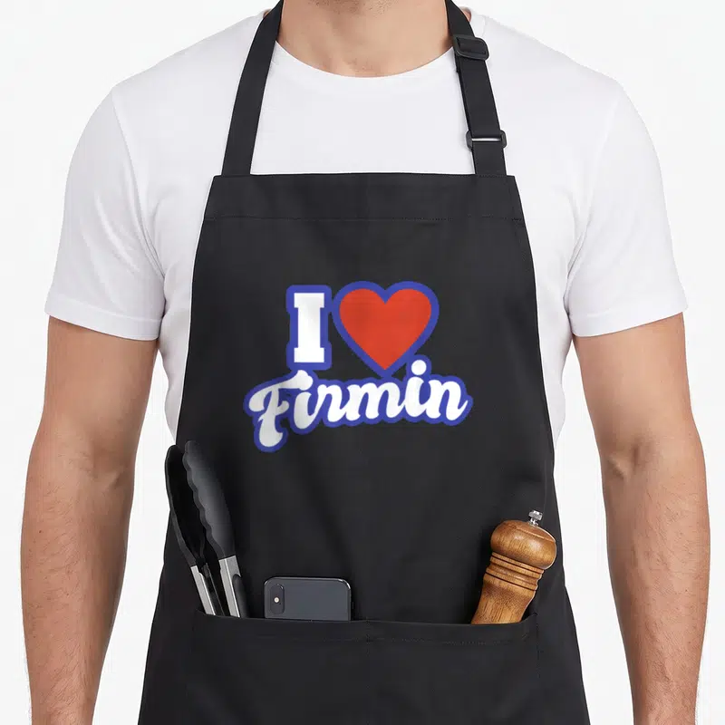 Tablier de cuisine noir avec inscription I cœur rouge Firmin en blanc et bleu vif