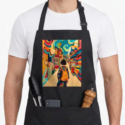 Tablier de cuisine noir avec illustration d'une fille au dos et sac orange dans un marché aux couleurs vives et nuages oniriques.