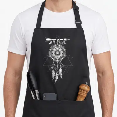 Tablier de cuisine noir avec un attrape-rêves blanc aux motifs mandala et des flèches en arrière-plan géométrique.