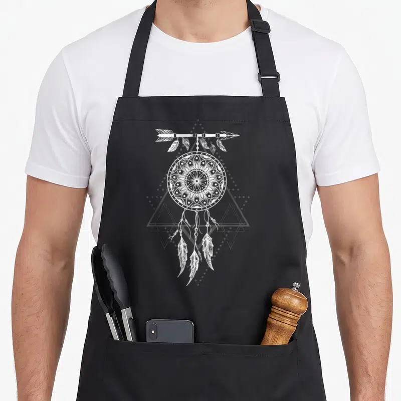 Tablier de cuisine noir avec un attrape-rêves blanc aux motifs mandala et des flèches en arrière-plan géométrique.