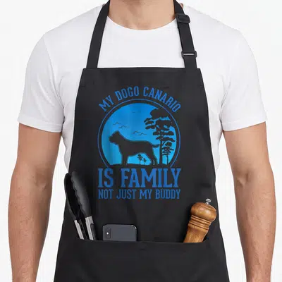 Tablier de cuisine noir avec silhouette bleue de chien et texte My Dogo Canario is Family not just my buddy.