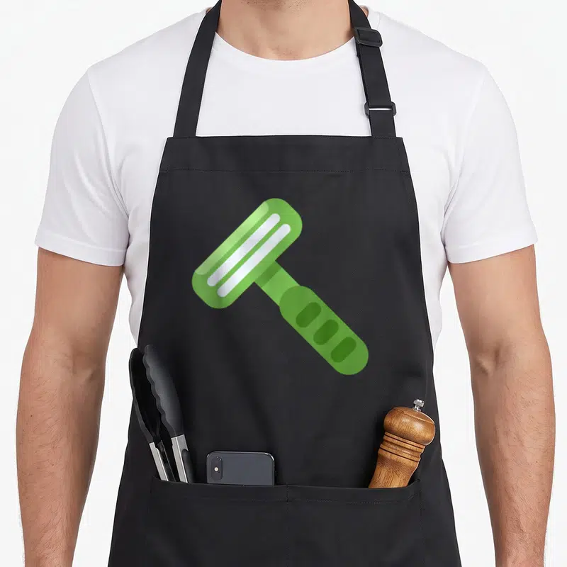 Tablier de cuisine noir avec illustration d'un Rasoir vert à trois lames blanches et poignée texturée.