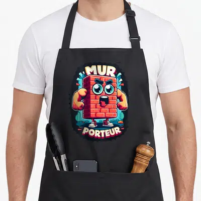 Tablier de cuisine noir avec un mur porteur cartoon aux muscles saillants et des chaussures de sport.