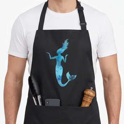 Tablier de cuisine noir avec silhouette de sirène aux teintes bleues et motifs géométriques aquatiques sur le devant.
