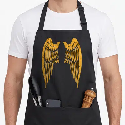 Tablier de cuisine noir orné d'un grand motif d'ailes d'ange orange sur le dos.