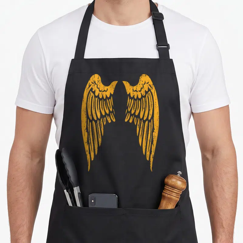 Tablier de cuisine noir orné d'un grand motif d'ailes d'ange orange sur le dos.