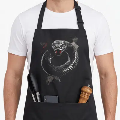 Tablier de cuisine noir avec un cobra argenté aux yeux rouges et des éclaboussages sombres sur le devant.