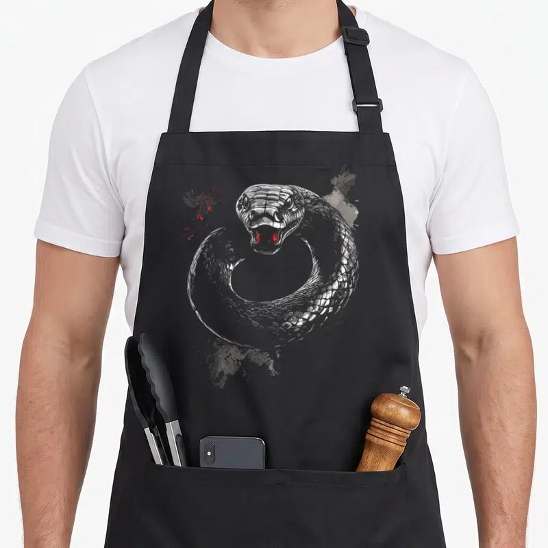 Tablier de cuisine noir avec un cobra argenté aux yeux rouges et des éclaboussages sombres sur le devant.