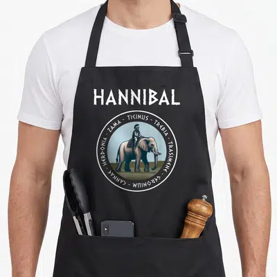 Tablier de cuisine noir avec illustration circulaire Hannibal à dos d'éléphant et noms de batailles en lettres blanches autour du motif.