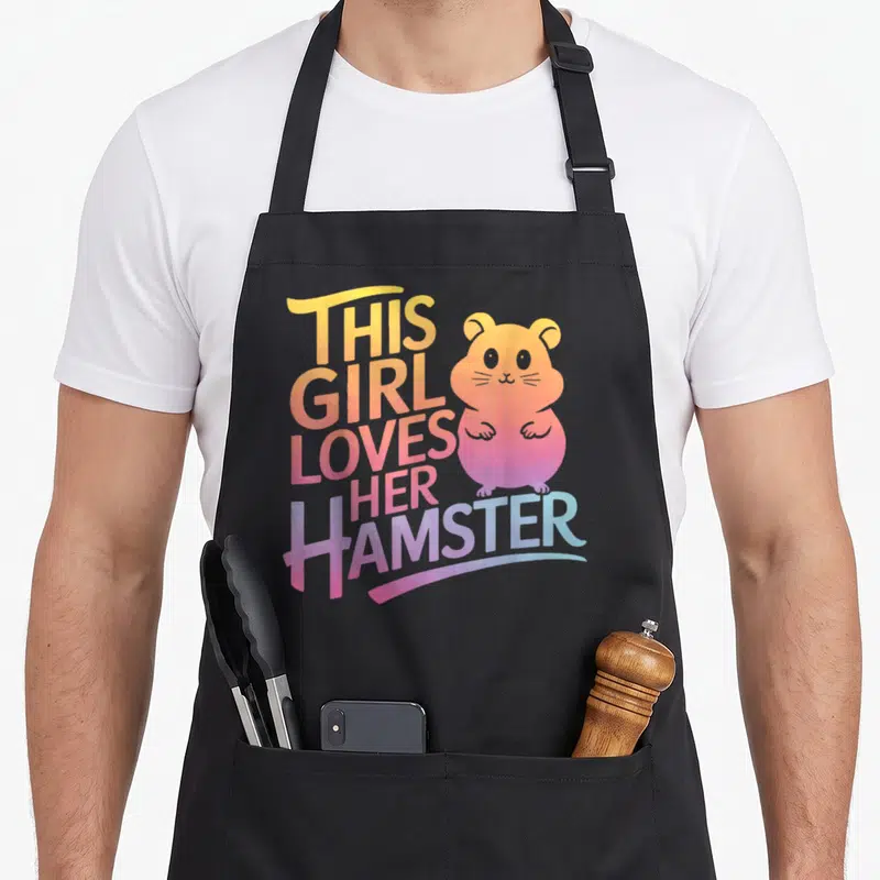Tablier de cuisine noir avec illustration d'un hamster aux couleurs dégradées et texte anglais.