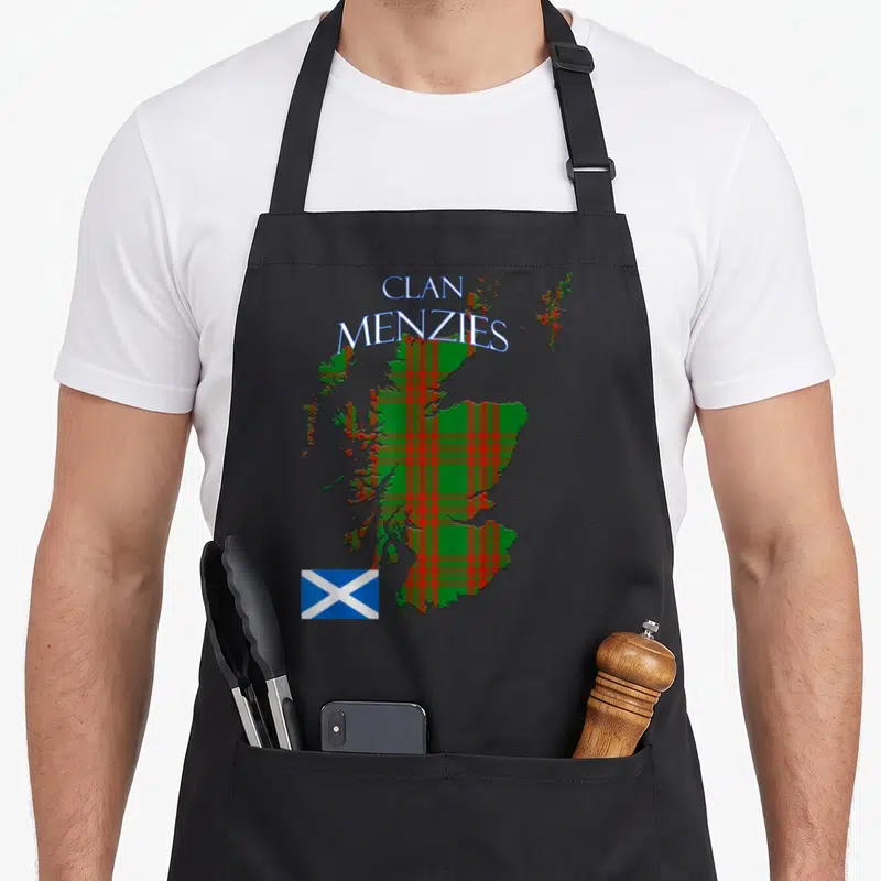 Tablier de cuisine noir avec carte Écosse tartan vert rouge et texte Clan Menzies en haut à gauche.