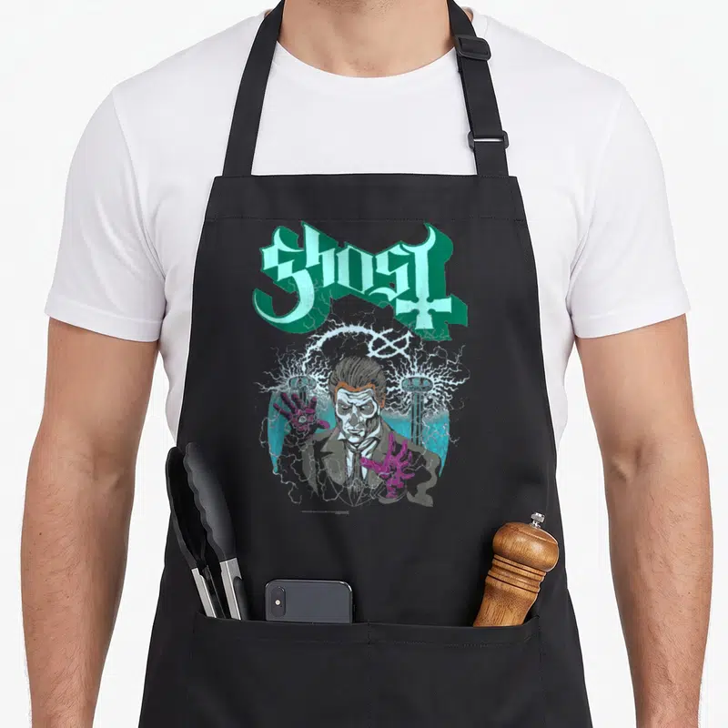 Tablier de cuisine noir avec illustration fantôme Tesla mains magiques et texte Ghost vert gothique