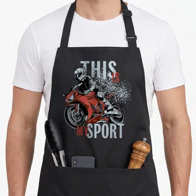 Tablier de cuisine noir avec illustration motard sur sportive rouge et texte THIS IS MY SPORT
